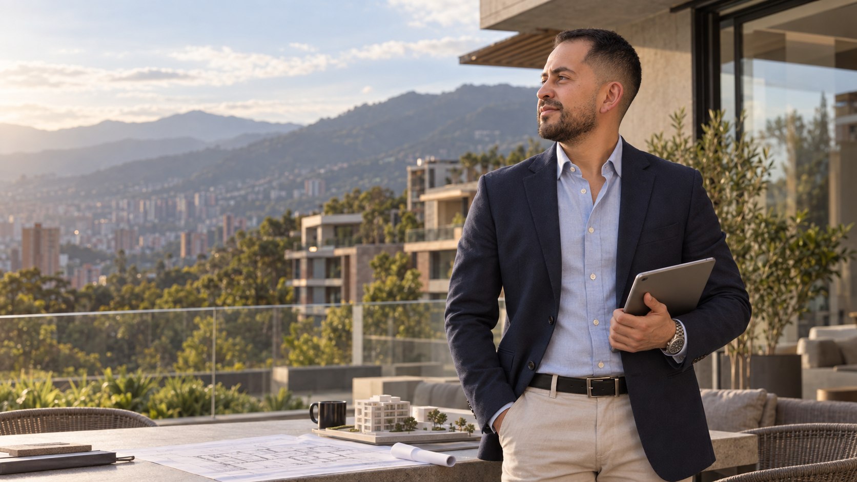 Andrés Lizcano en una terraza contemporánea revisando un proyecto inmobiliario